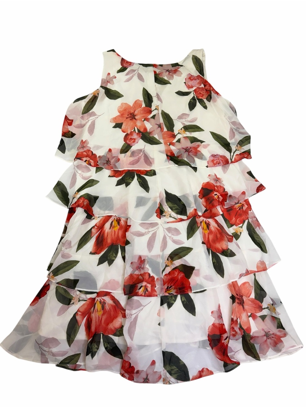 SLNY White Chiffon Dress with Red Floral Print Whimsical Flowy Romantic - Picture 2 of 4